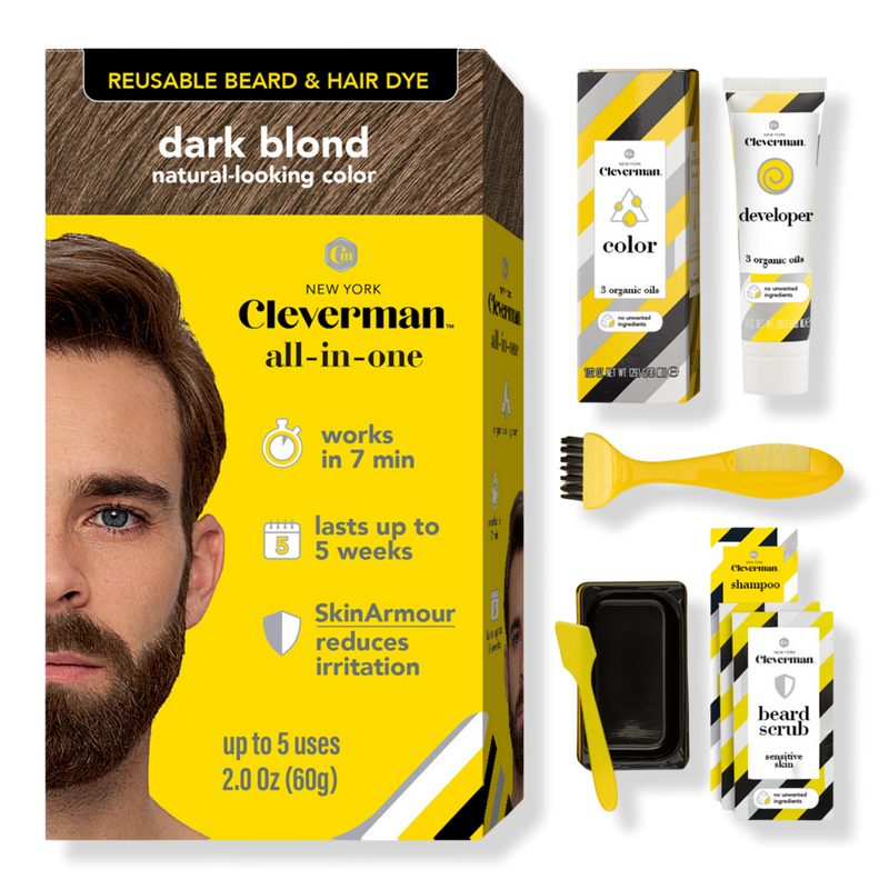 Reusable Beard & Hair Dye Kit - Up to 5 Uses, 7-Min Natural Gray Coverage with SkinArmour - Dark Blond