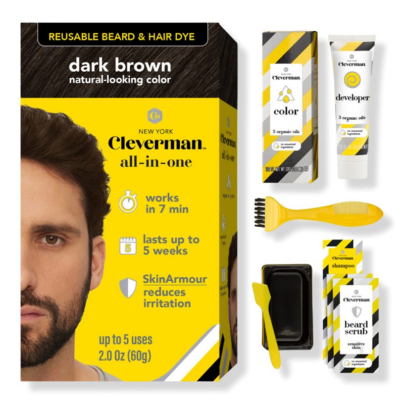 Reusable Beard & Hair Dye Kit - Up to 5 Uses, 7-Min Natural Gray Coverage with SkinArmour - Dark Brown
