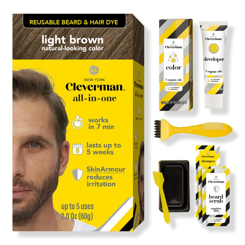 Reusable Beard & Hair Dye Kit - Up to 5 Uses, 7-Min Natural Gray Coverage with SkinArmour - Light Brown