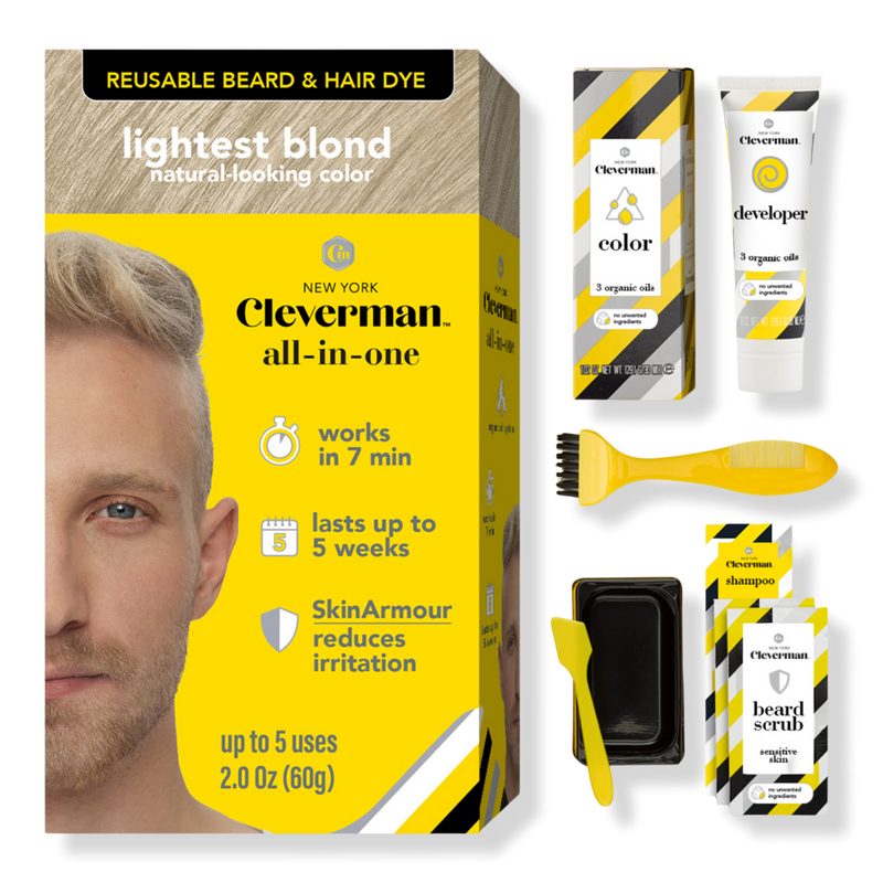 Reusable Beard & Hair Dye Kit - Up to 5 Uses, 7-Min Natural Gray Coverage with SkinArmour - Lightest Blond