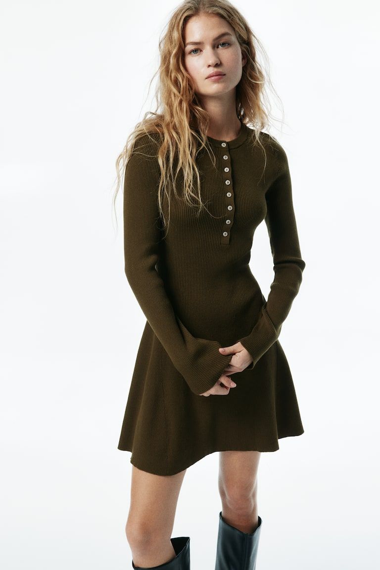 Rib-Knit Dress with Flared Skirt