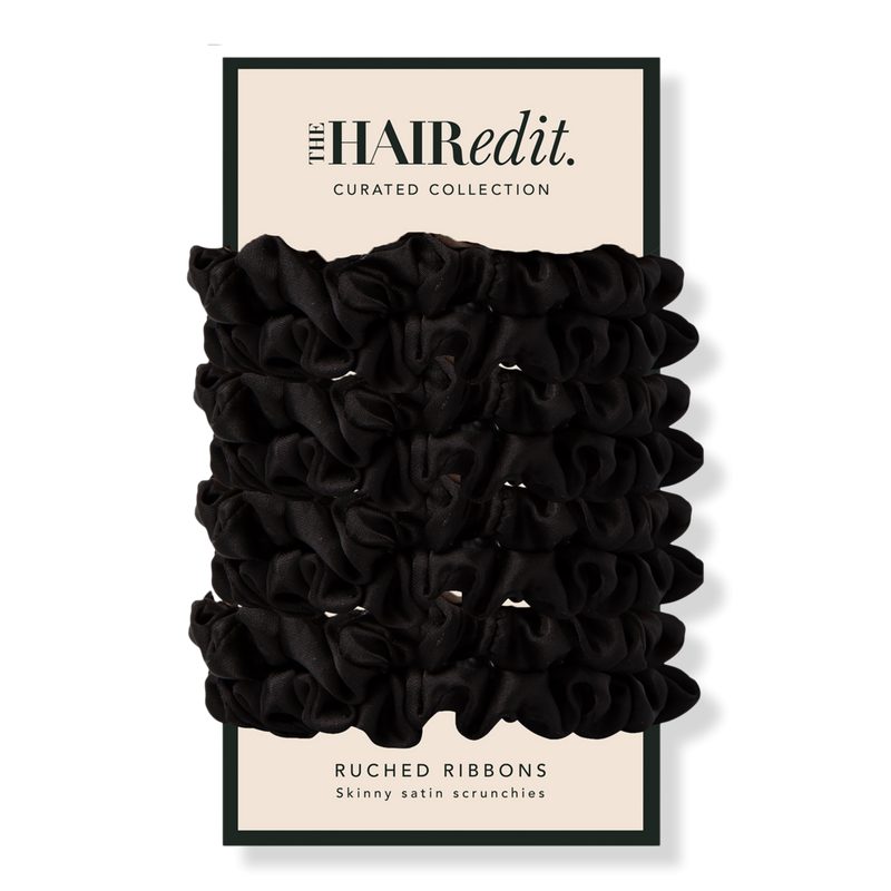 Ruched Ribbons Skinny Satin Scrunchies Set - Black