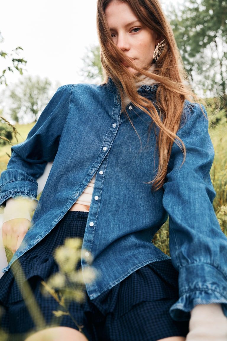 Ruffle-Trimmed Denim Blouse