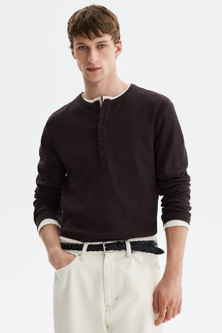 Slim-Fit Ribbed Henley Shirt
