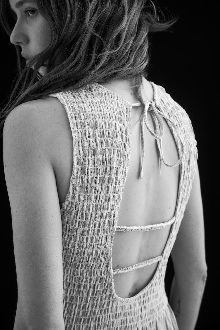 Smocked-Bodice Open-Back Dress