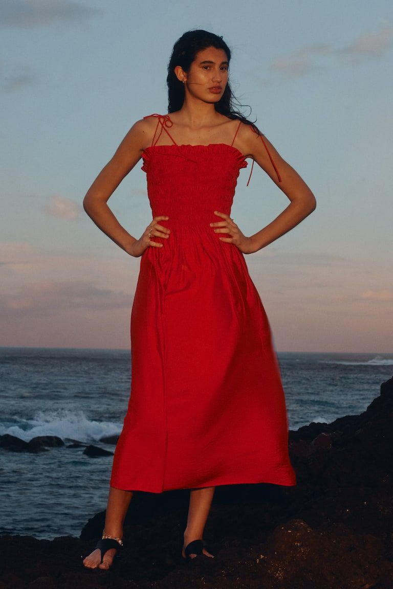Smocked-Bodice Tie-Strap Dress