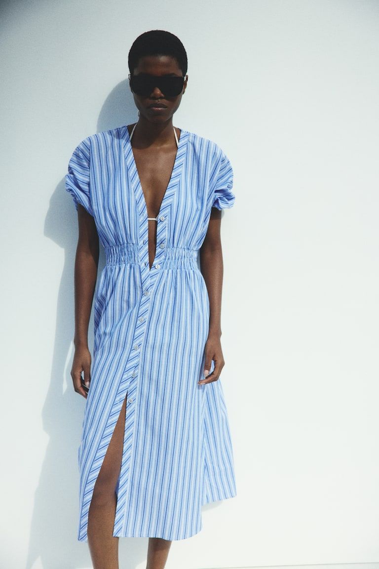 Smocked-Waist Button-Front Dress