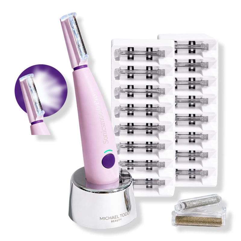 Sonicsmooth Pro+ Dermaplaning Peach Fuzz Remover LED light, 16 blades, 2 Exfoliation Tips - Pink