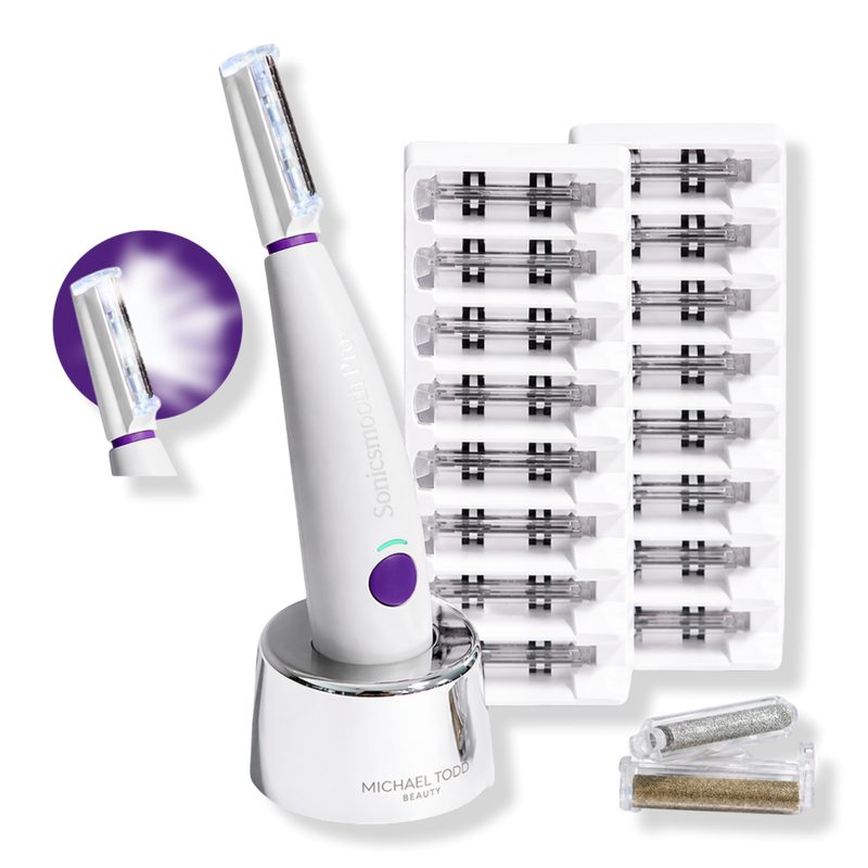 Sonicsmooth Pro+ Dermaplaning Peach Fuzz Remover LED light, 16 blades, 2 Exfoliation Tips - White