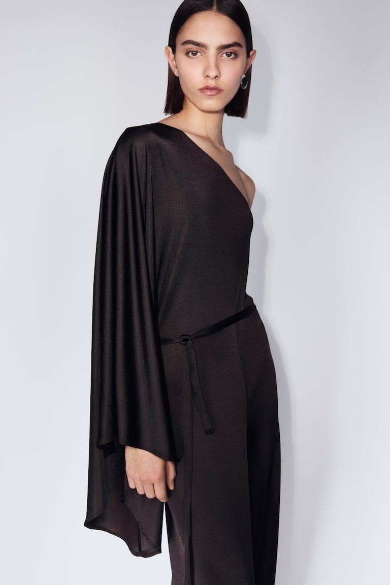 Tie-Belt One-Shoulder Jumpsuit