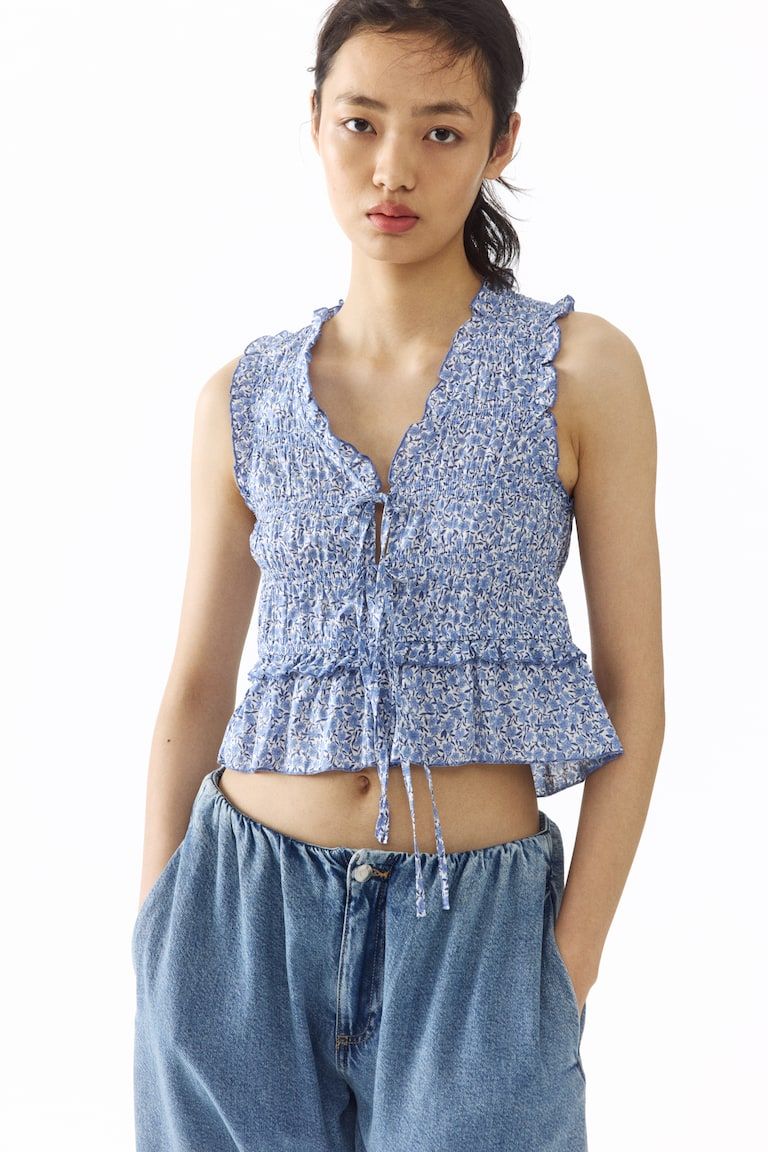 Tie-Detail Smocked Top
