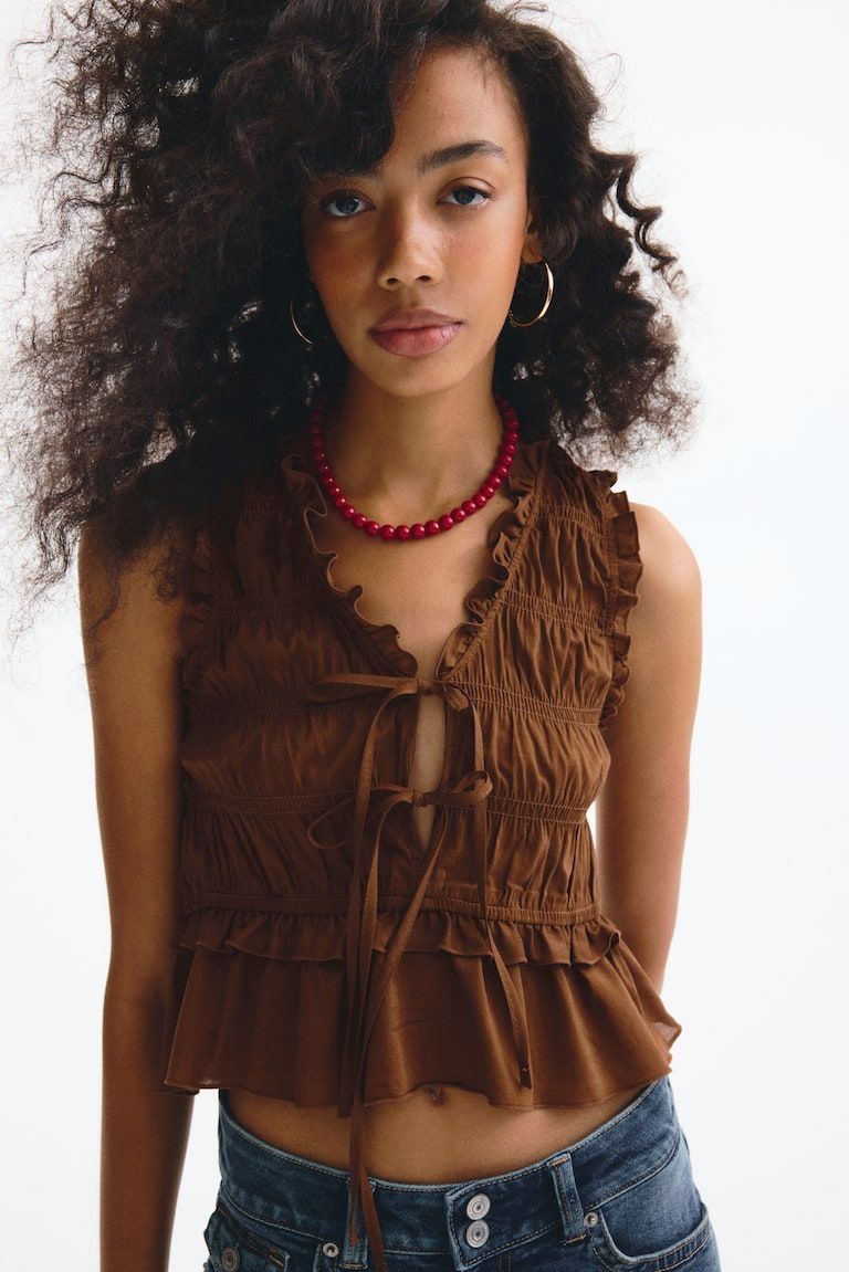 Tie-Detail Smocked Top