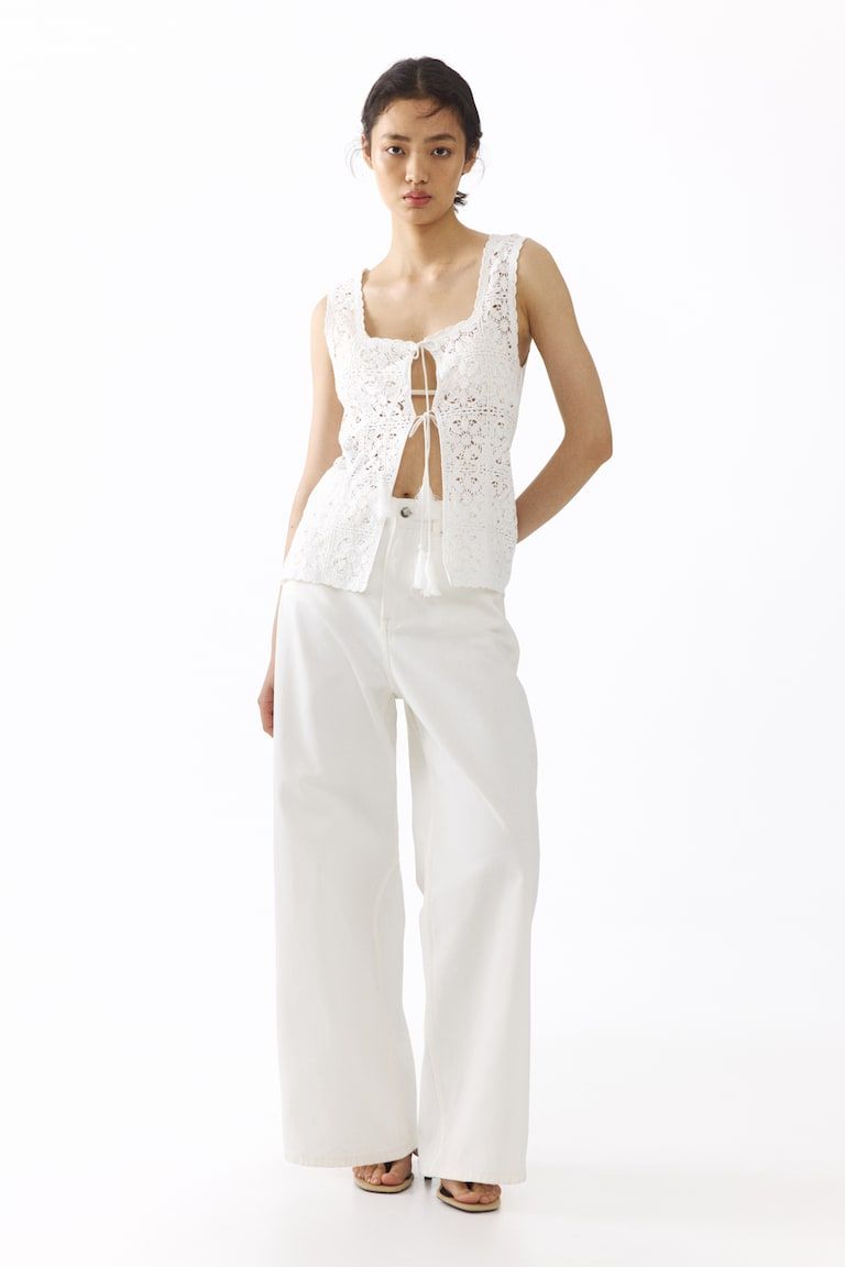 Tie-Front Pointelle-Knit Top