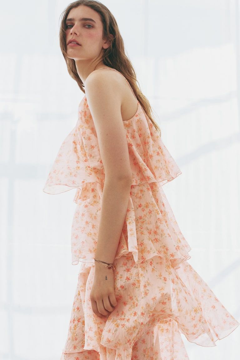 Tiered One-Shoulder Linen-Blend Dress