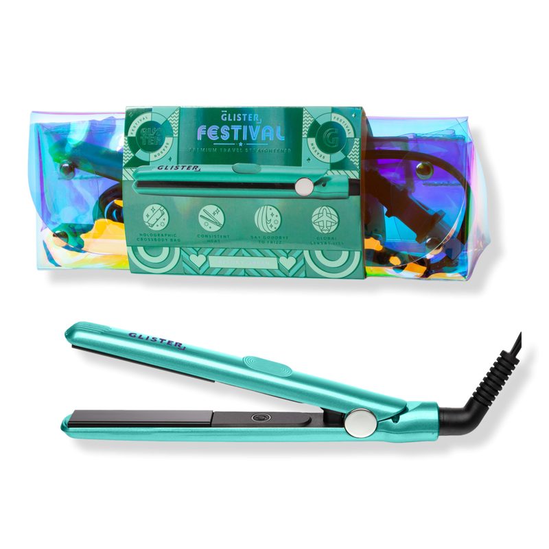 Tourmaline Gem Mini Flat Iron with Holographic Bandolier Bag - Turquoise