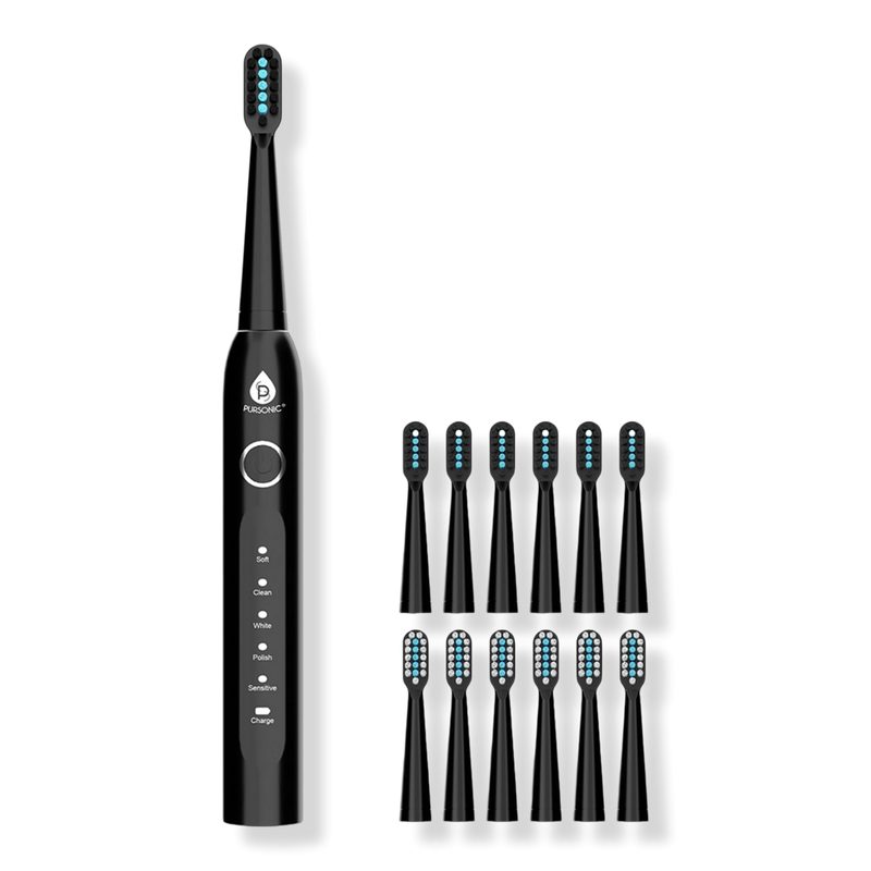 USB Rechargeable Electric Toothbrush with 12 Brush Heads - Black