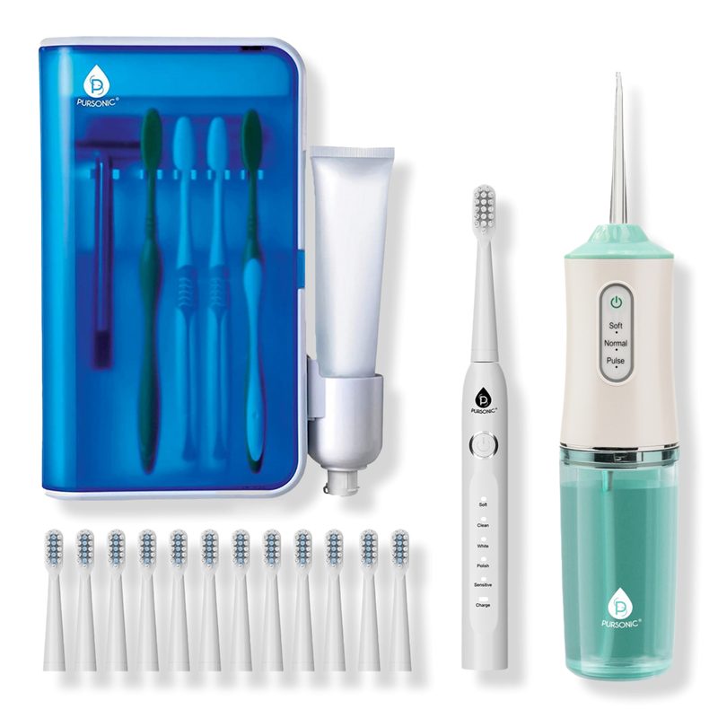 USB Rechargeable Sonic Toothbrush, Water Flosser & UV Toothbrush Sanitizer - White